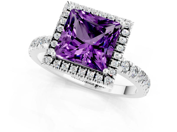 Silver Princess Cut Amethyst Classic Halo Engagement Ring with Round Pavé Band and Prong Setting