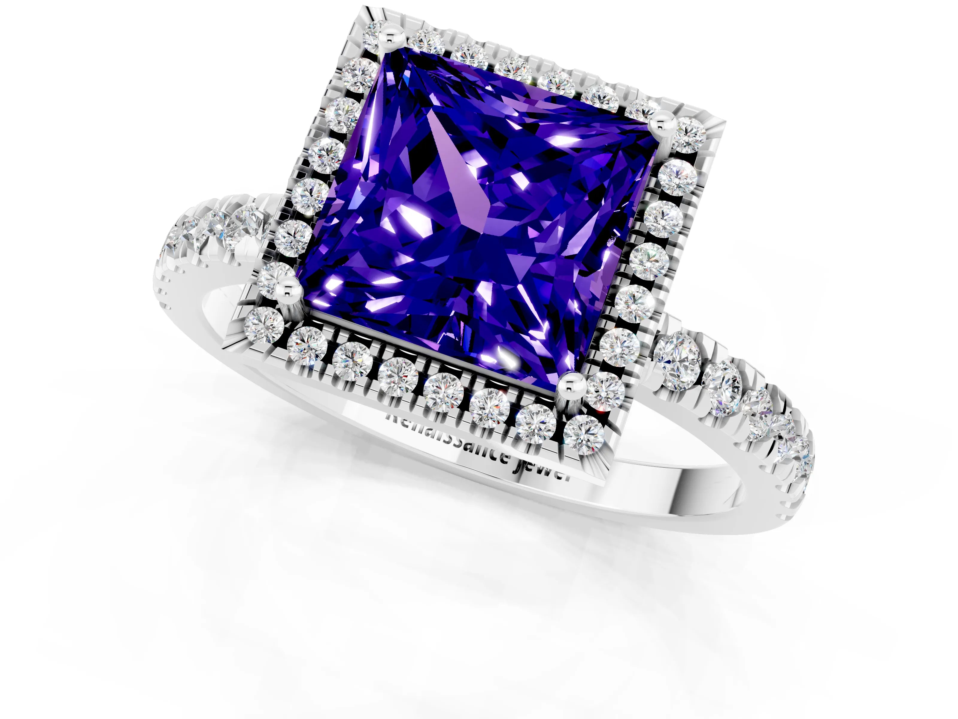 White gold Princess Cut Halo Diamond Pave Band with Prong Setting_1