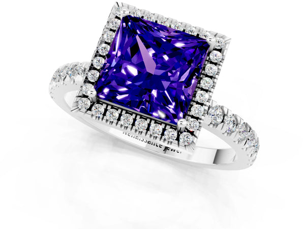 White gold Princess Cut Tanzanite Classic Halo Engagement Ring with Round Pavé Band and Prong Setting