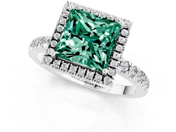 Silver Princess Cut Green Sapphire Classic Halo Engagement Ring with Round Pavé Band and Prong Setting