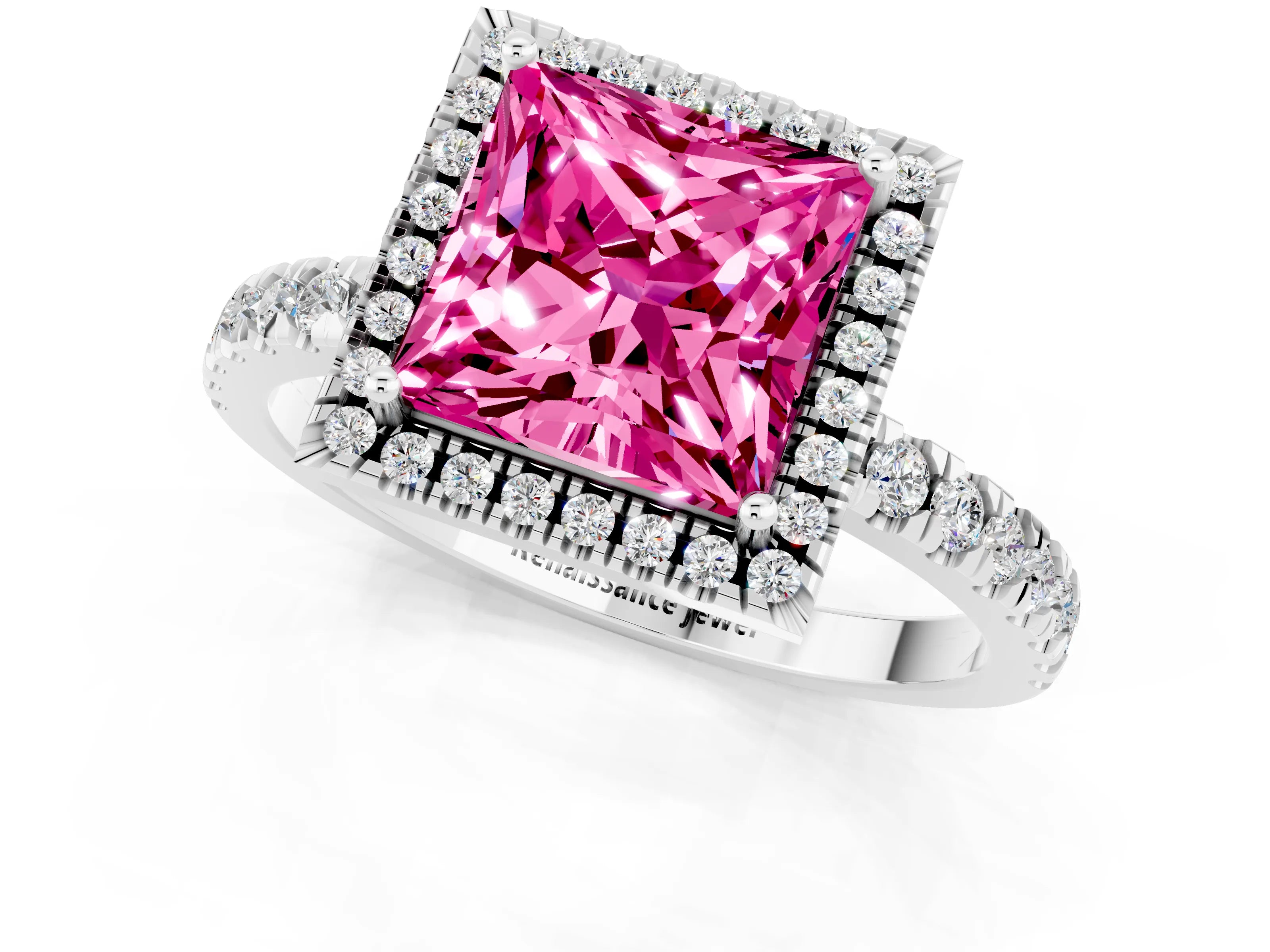 White gold Princess Cut Halo Diamond Pave Band with Prong Setting_1