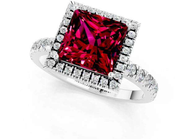 Silver Princess Cut Garnet Classic Halo Engagement Ring with Round Pavé Band and Prong Setting
