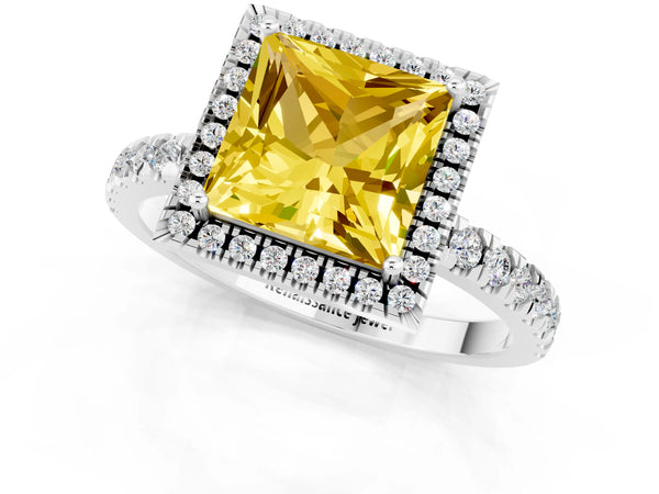 Platinum Princess Cut Yellow Sapphire Classic Halo Engagement Ring with Round Pavé Band and Prong Setting