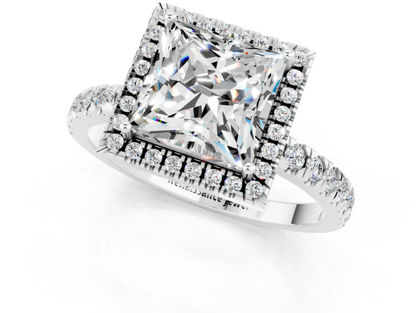 White gold Princess Cut Moissanite Classic Halo Engagement Ring with Round Pavé Band and Prong Setting