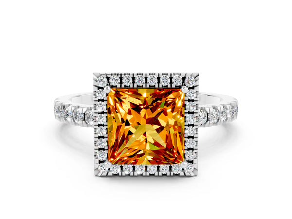 Platinum Princess Cut Citrine Classic Halo Engagement Ring with Round Pavé Band and Prong Setting