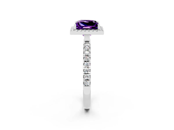 White gold Princess Cut Amethyst Classic Halo Engagement Ring with Round Pavé Band and Prong Setting
