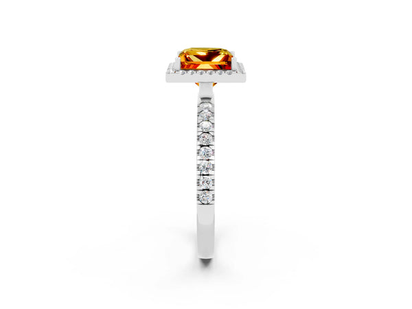 Platinum Princess Cut Citrine Classic Halo Engagement Ring with Round Pavé Band and Prong Setting