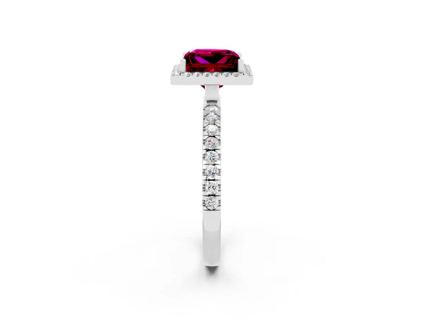 Platinum Princess Cut Garnet Classic Halo Engagement Ring with Round Pavé Band and Prong Setting
