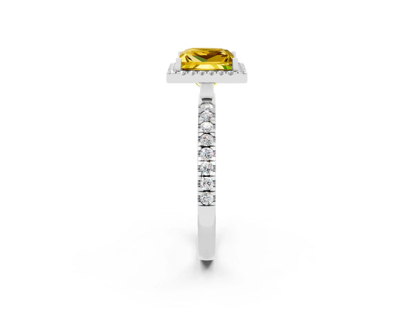Silver Princess Cut Yellow Sapphire Classic Halo Engagement Ring with Round Pavé Band and Prong Setting