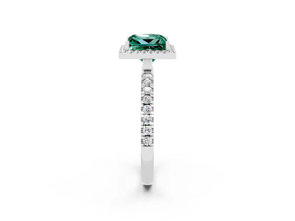 Platinum Princess Cut Green Sapphire Classic Halo Engagement Ring with Round Pavé Band and Prong Setting