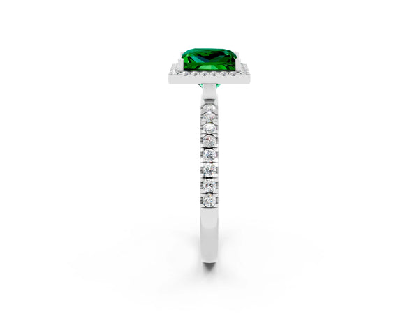 Silver Princess Cut Emerald Classic Halo Engagement Ring with Round Pavé Band and Prong Setting