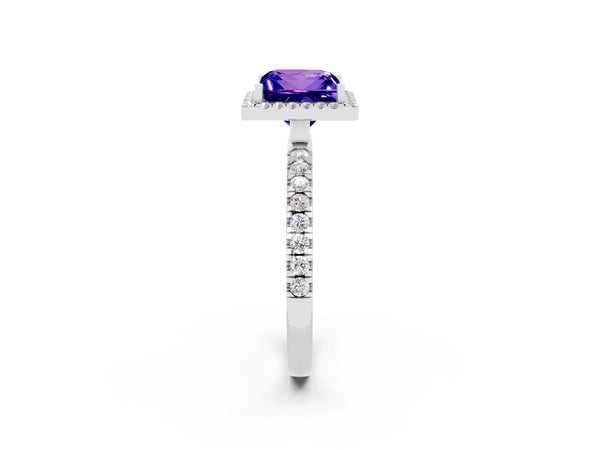 White gold Princess Cut Tanzanite Classic Halo Engagement Ring with Round Pavé Band and Prong Setting