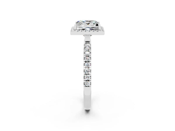 White gold Princess Cut Moissanite Classic Halo Engagement Ring with Round Pavé Band and Prong Setting