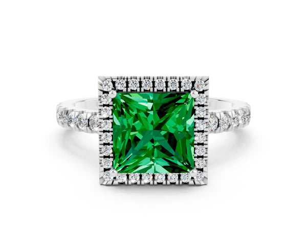 Platinum Princess Cut Emerald Classic Halo Engagement Ring with Round Pavé Band and Prong Setting