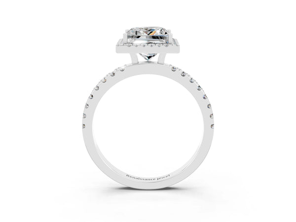 Platinum Princess Cut Moissanite Classic Halo Engagement Ring with Round Pavé Band and Prong Setting