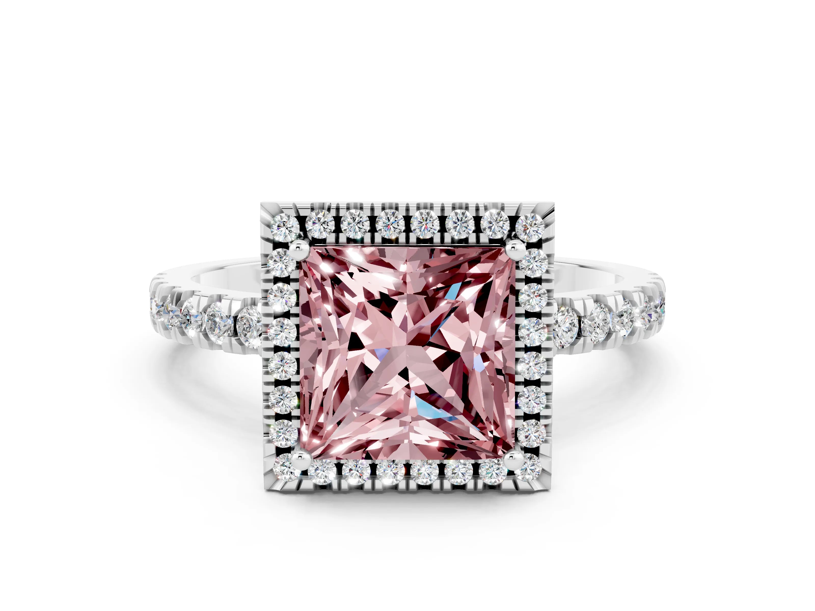 White gold Princess Cut Halo Diamond Pave Band with Prong Setting