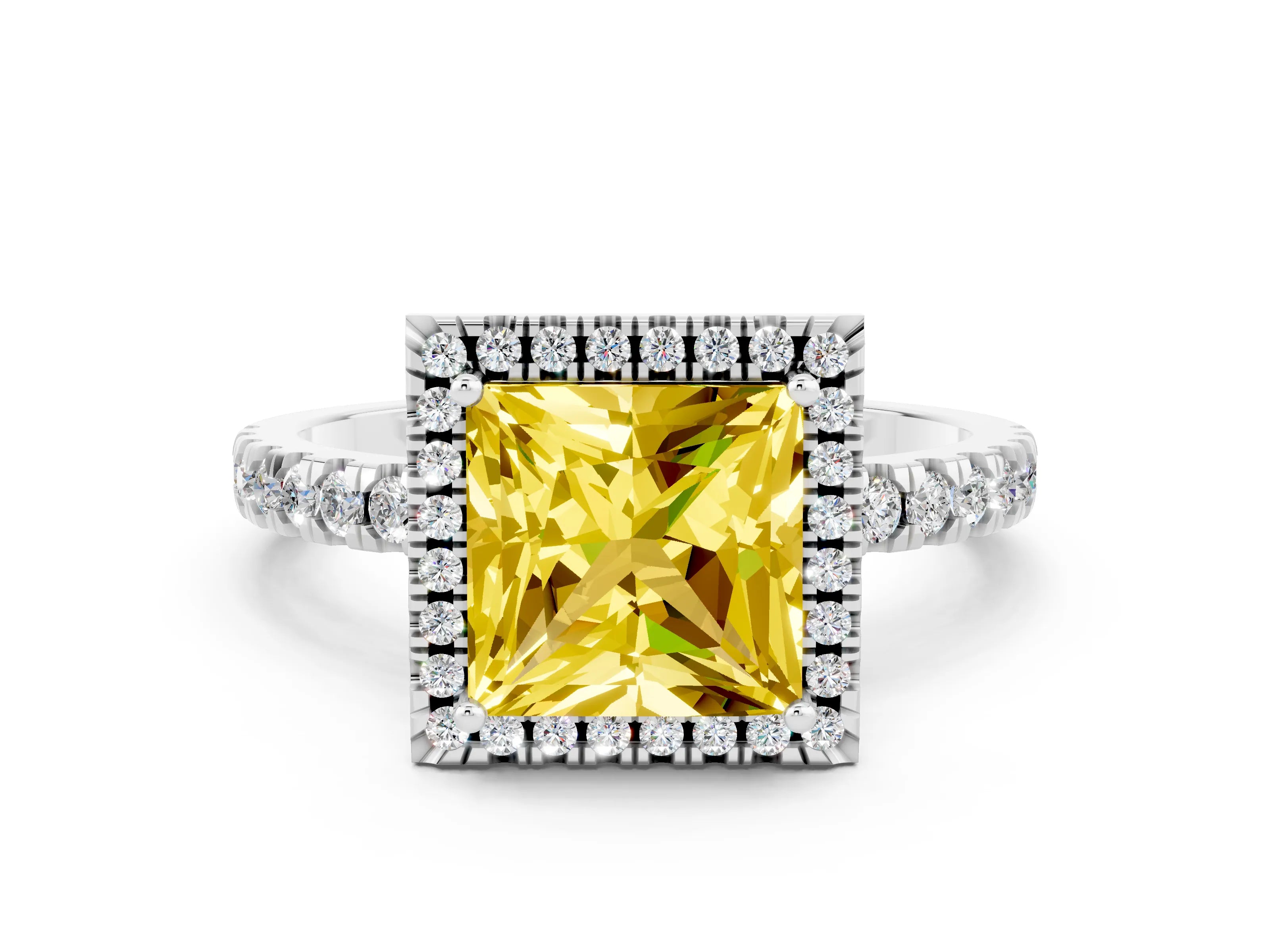 White gold Princess Cut Halo Diamond Pave Band with Prong Setting