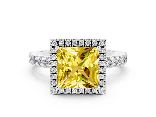 Silver Princess Cut Yellow Sapphire Classic Halo Engagement Ring with Round Pavé Band and Prong Setting