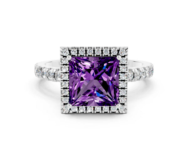 Silver Princess Cut Amethyst Classic Halo Engagement Ring with Round Pavé Band and Prong Setting