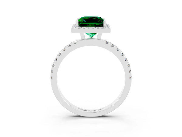 Platinum Princess Cut Emerald Classic Halo Engagement Ring with Round Pavé Band and Prong Setting