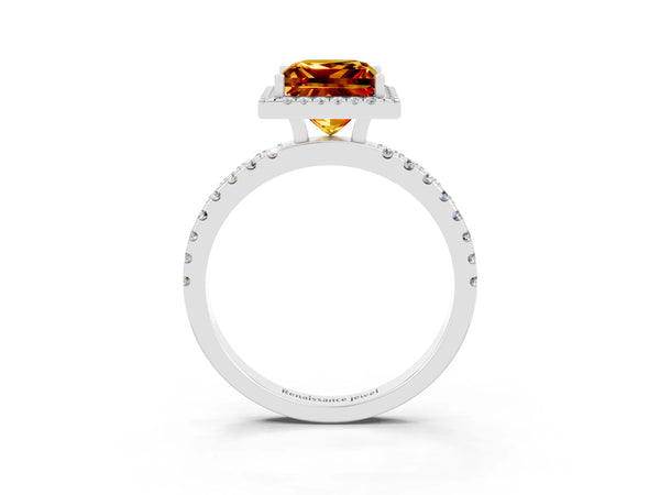 Platinum Princess Cut Citrine Classic Halo Engagement Ring with Round Pavé Band and Prong Setting