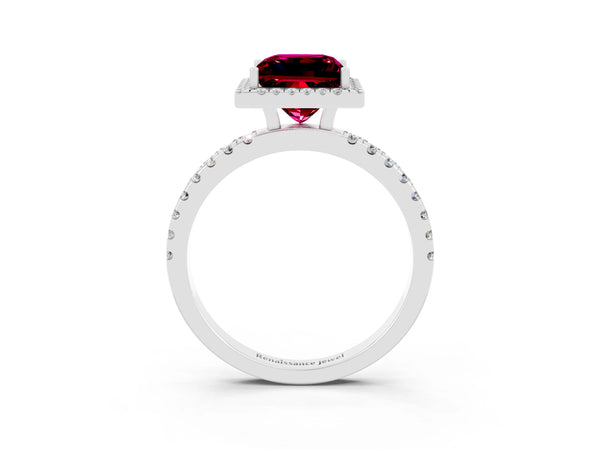 White gold Princess Cut Garnet Classic Halo Engagement Ring with Round Pavé Band and Prong Setting