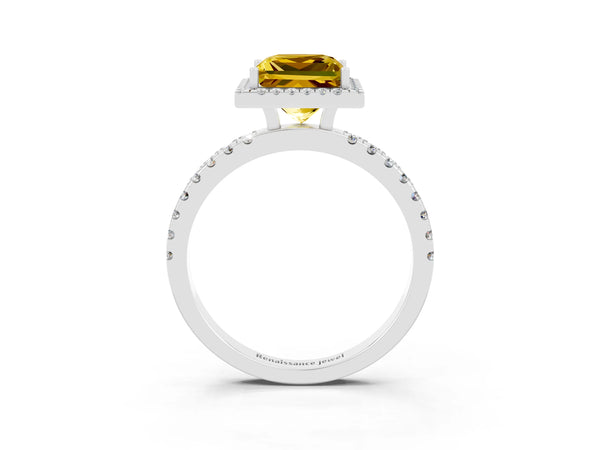 Platinum Princess Cut Yellow Sapphire Classic Halo Engagement Ring with Round Pavé Band and Prong Setting