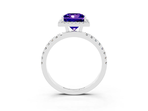 White gold Princess Cut Tanzanite Classic Halo Engagement Ring with Round Pavé Band and Prong Setting