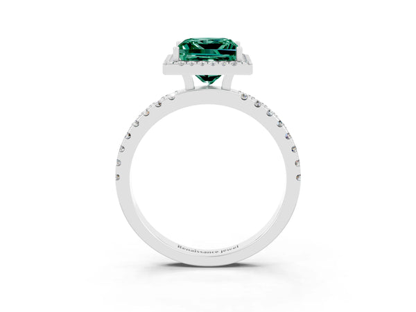 Platinum Princess Cut Green Sapphire Classic Halo Engagement Ring with Round Pavé Band and Prong Setting