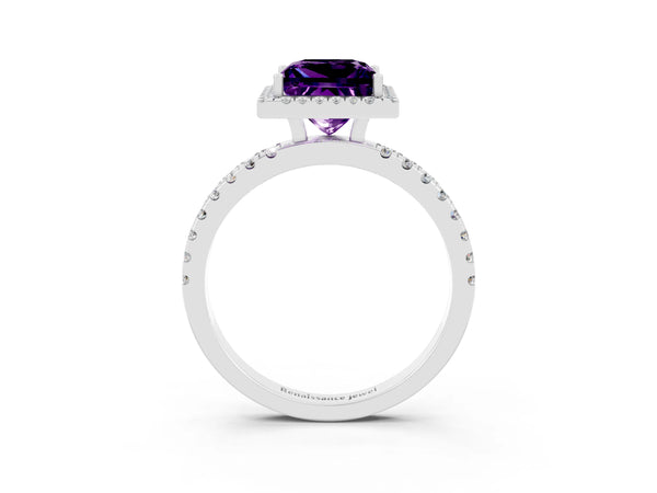 Silver Princess Cut Amethyst Classic Halo Engagement Ring with Round Pavé Band and Prong Setting
