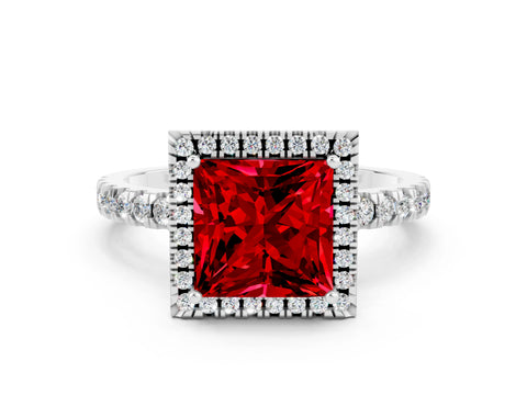 White gold Princess Cut Halo Diamond Pave Band with Prong Setting