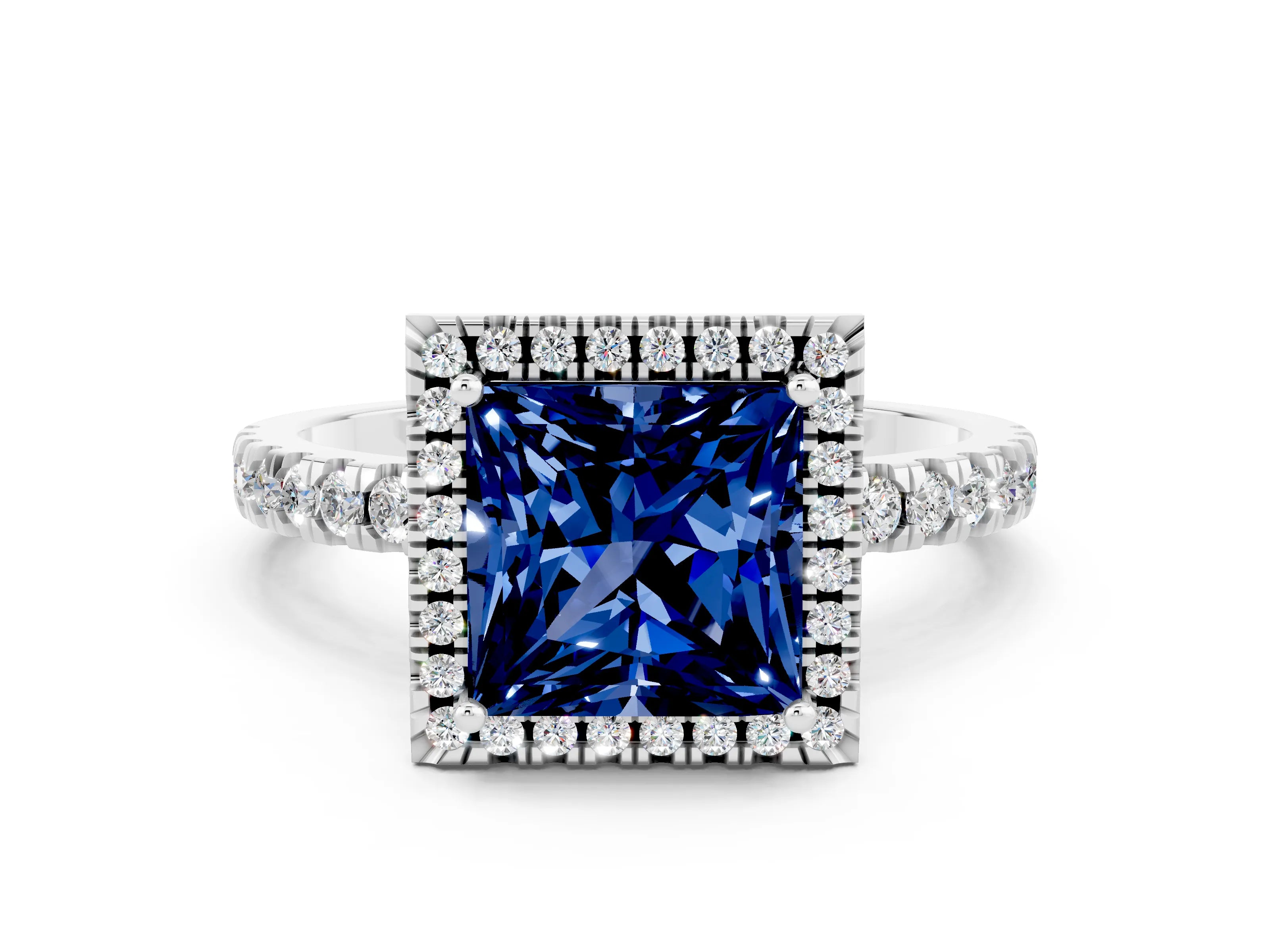 White gold Princess Cut Halo Diamond Pave Band with Prong Setting