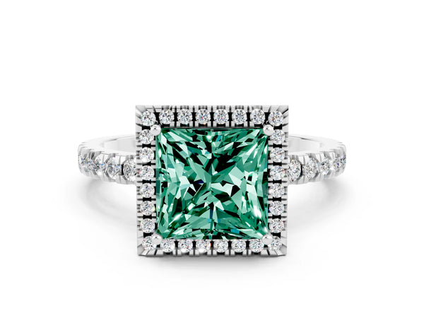 Silver Princess Cut Green Sapphire Classic Halo Engagement Ring with Round Pavé Band and Prong Setting