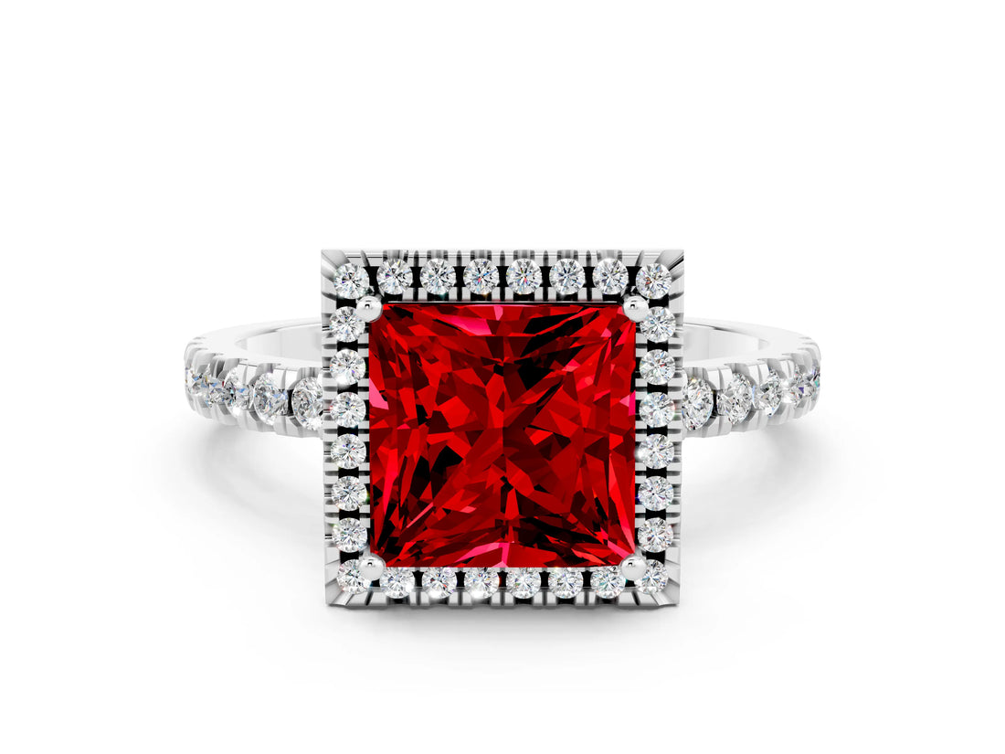 White gold Princess Cut Halo Diamond Pave Band with Prong Setting