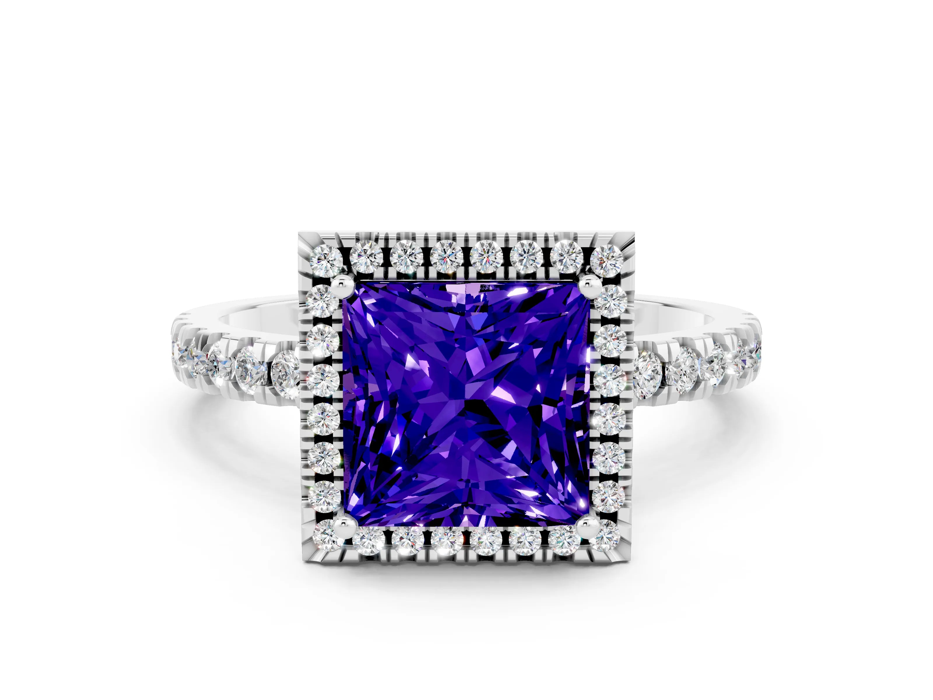 White gold Princess Cut Halo Diamond Pave Band with Prong Setting