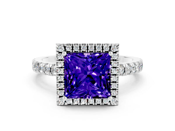 White gold Princess Cut Tanzanite Classic Halo Engagement Ring with Round Pavé Band and Prong Setting