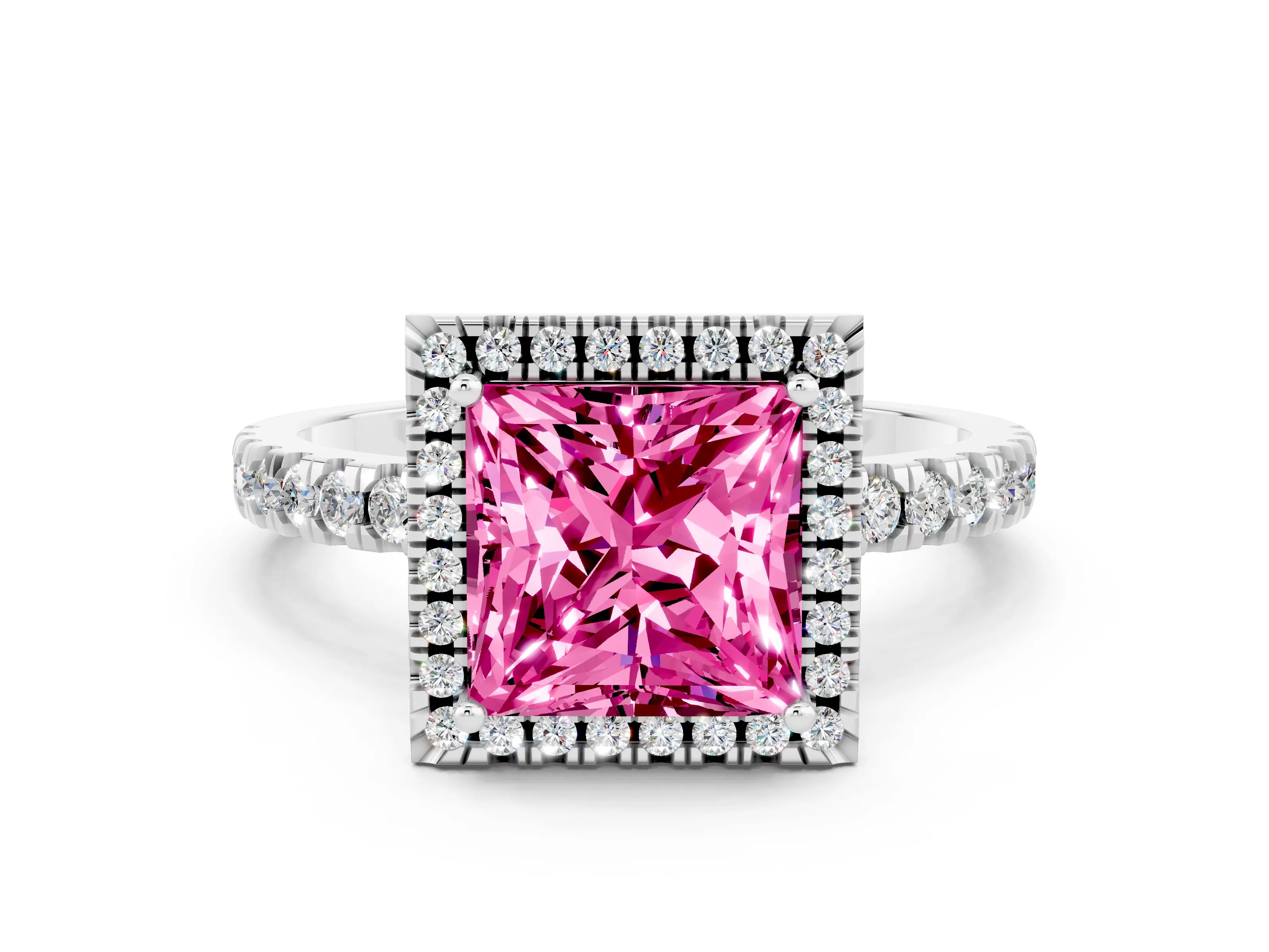 White gold Princess Cut Halo Diamond Pave Band with Prong Setting