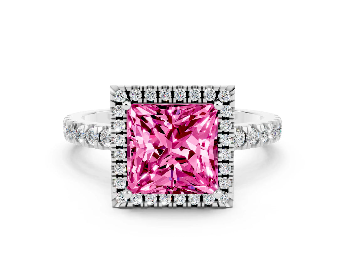 White gold Princess Cut Halo Diamond Pave Band with Prong Setting