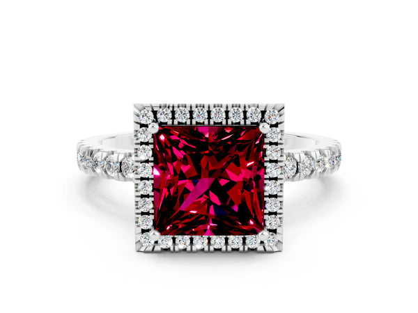 Silver Princess Cut Garnet Classic Halo Engagement Ring with Round Pavé Band and Prong Setting