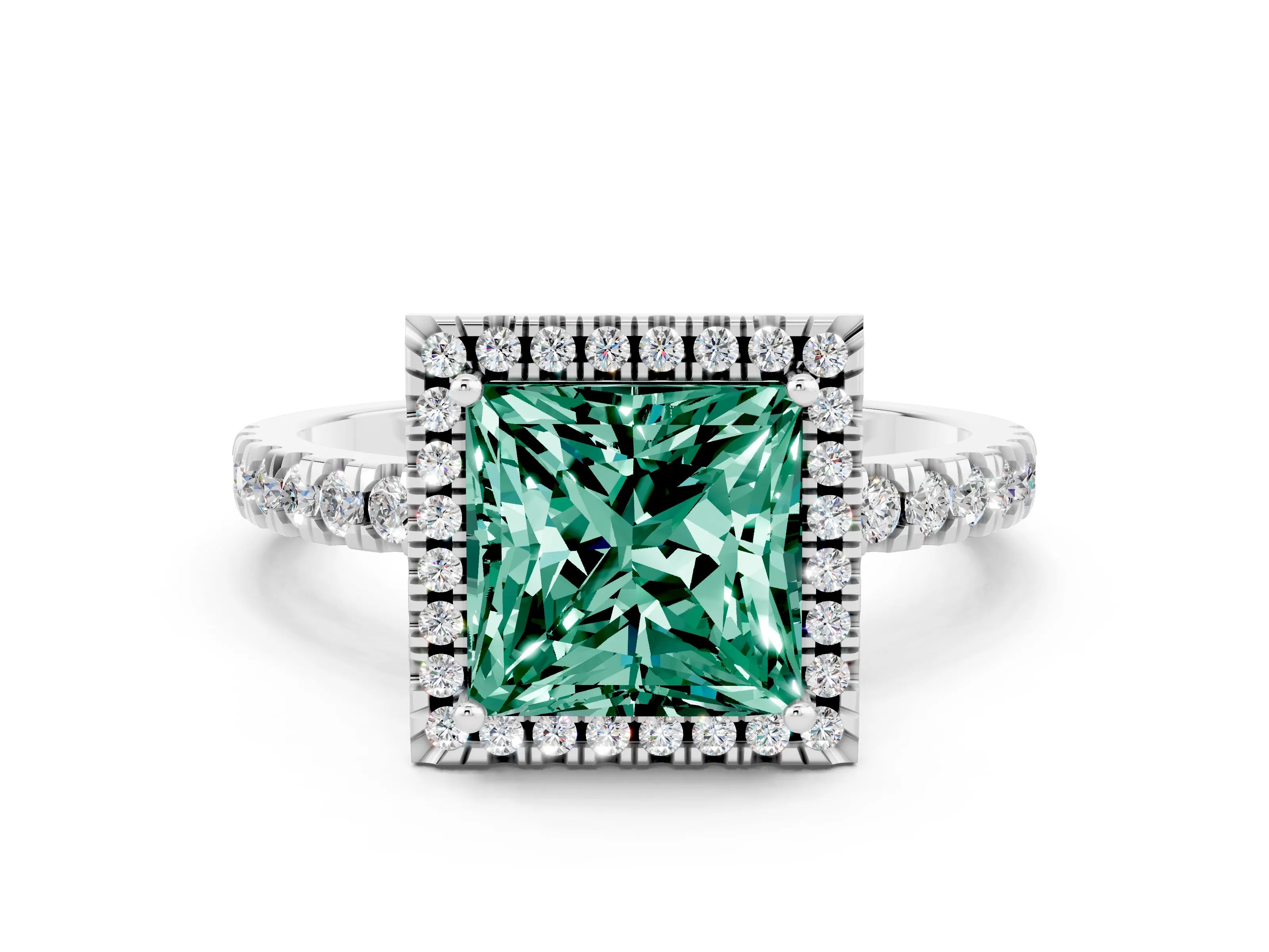 White gold Princess Cut Halo Diamond Pave Band with Prong Setting