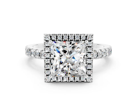 White gold Princess Cut Halo Diamond Pave Band with Prong Setting