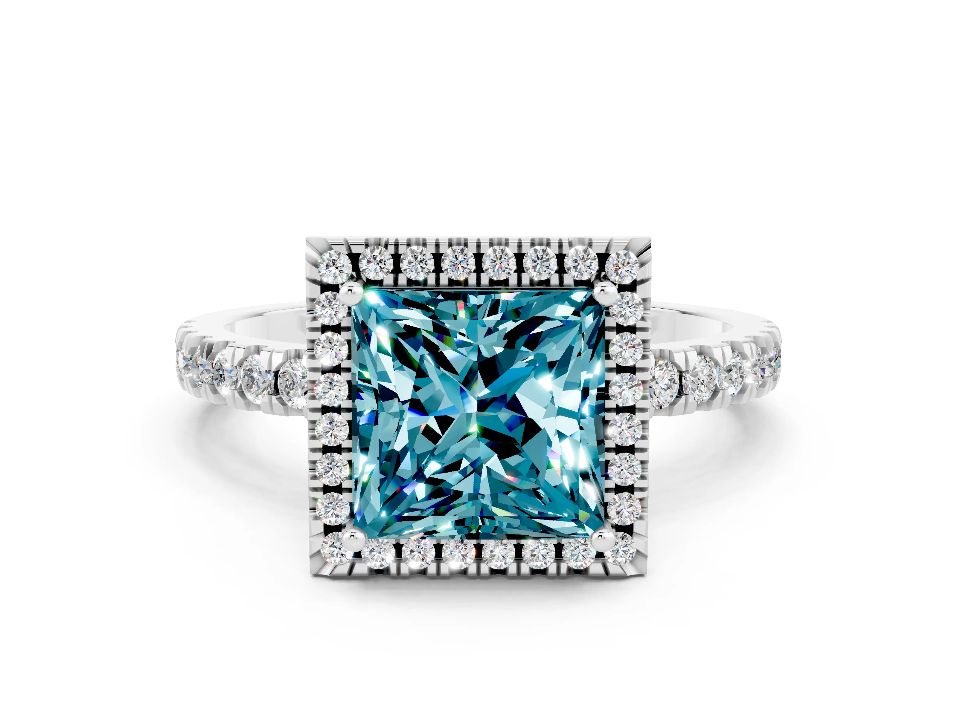 White gold Princess Cut Halo Diamond Pave Band with Prong Setting