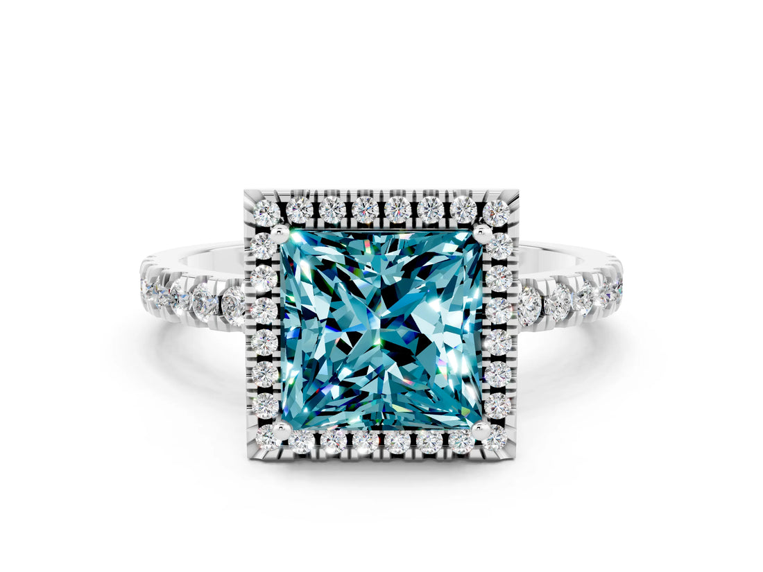 White gold Princess Cut Halo Diamond Pave Band with Prong Setting