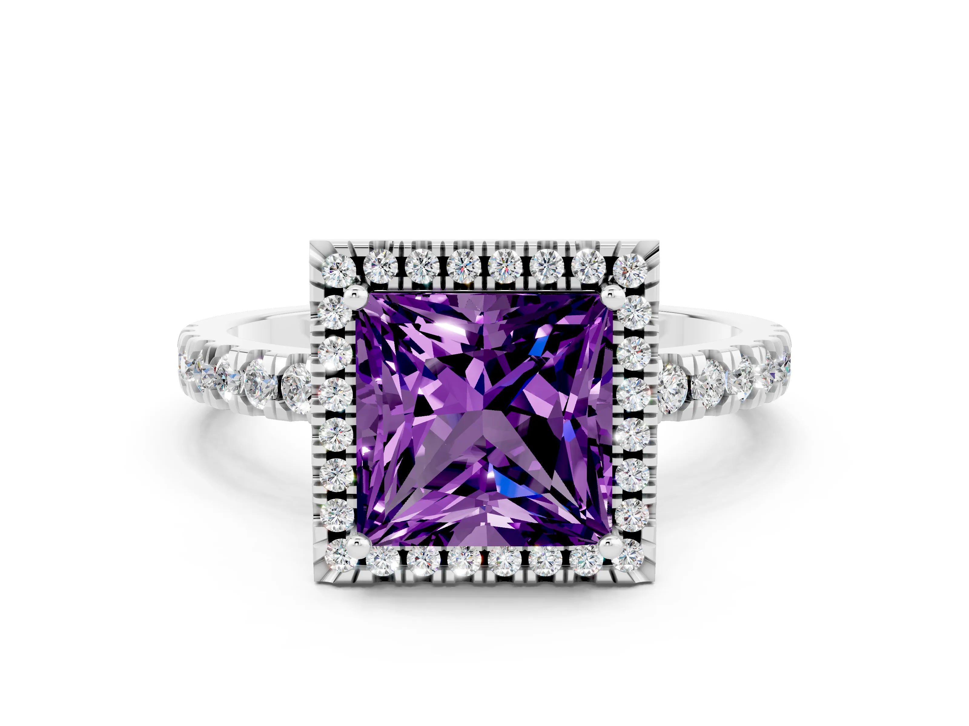 White gold Princess Cut Halo Diamond Pave Band with Prong Setting