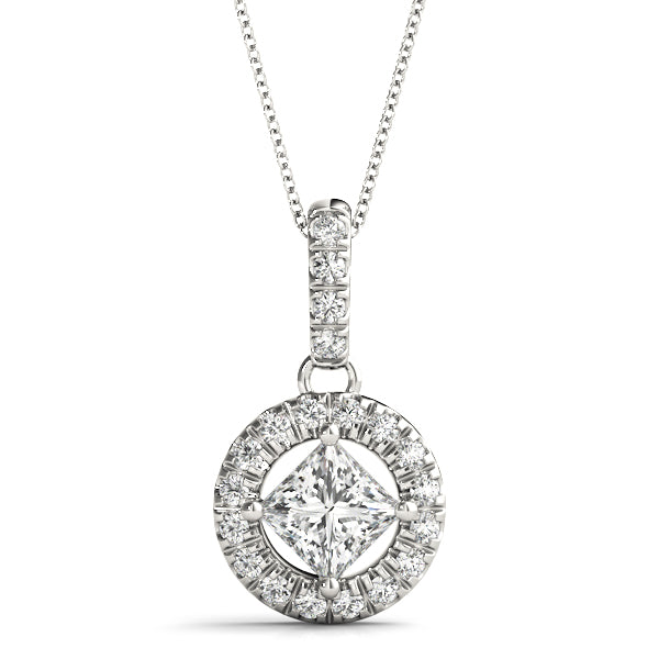 White gold Princess Cut Halo Diamond Pendant with Four-Prong Setting