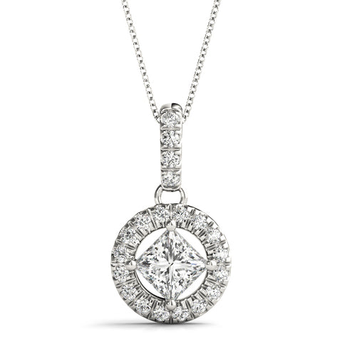 White gold Princess Cut Halo Diamond Pendant with Four-Prong Setting