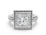 White gold Princess Cut Halo Diamond Ring with Beaded Split Shank and Four-Prong Setting_116