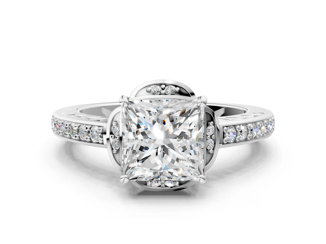 White gold Princess Cut Halo Diamond Ring with Channel Set Band and Four-Prong Setting_84