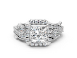 Silver 1.09 Carat E VS1 Princess Diamond Halo Ring with Milgrain Pavé Band and Four-Prong Setting