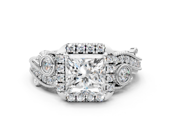 Silver 1.09 Carat E VS1 Princess Diamond Halo Ring with Milgrain Pavé Band and Four-Prong Setting